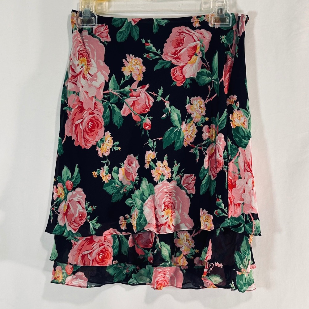Lauren Ralph Lauren Petite Silk Floral Tiered Ruffle Skirt Black Pink Rose 4P